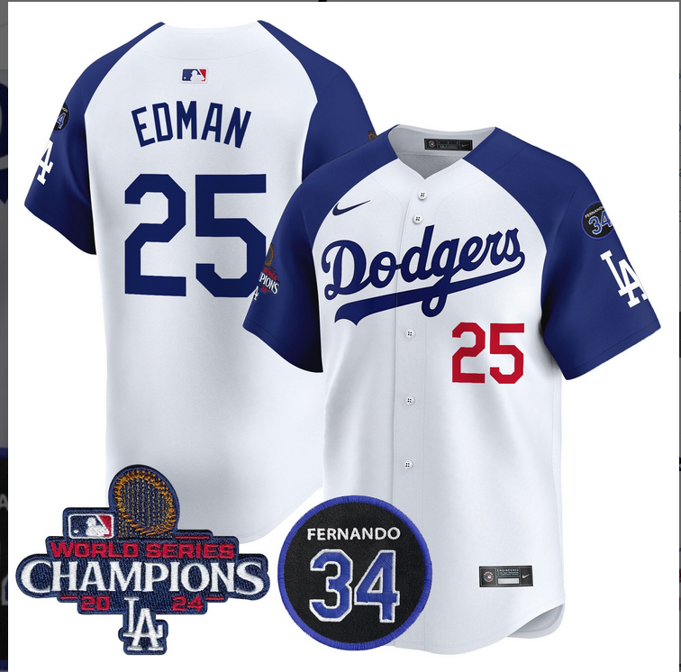 Men MLB Los Angeles Dodgers 25 Edman white 2024 World Series Champions Patch Limited Jersey style 2